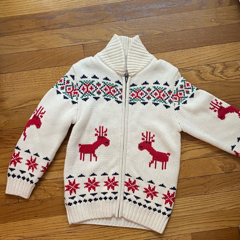Hanna Andersson Red and White Nordic Zip-Up Sweater Size 6-7